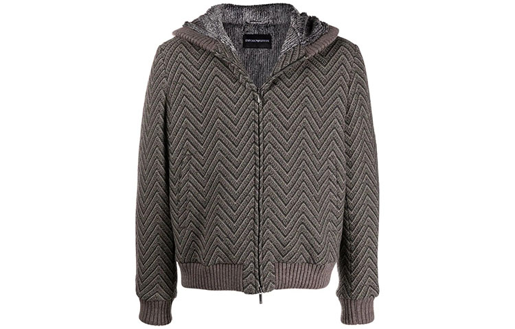 Emporio Armani FW21 Herringbone Knit Hooded Jacket Grey B1R620-B1262-614