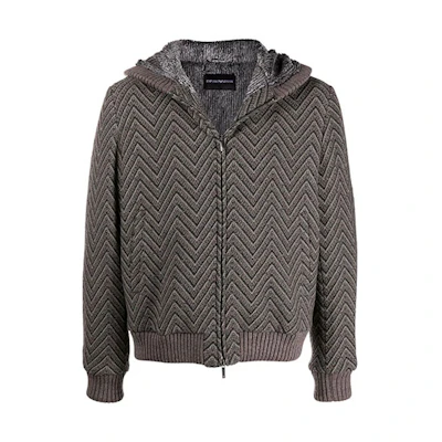 Emporio Armani FW21 Herringbone Knit Hooded Jacket Grey B1R620-B1262-614