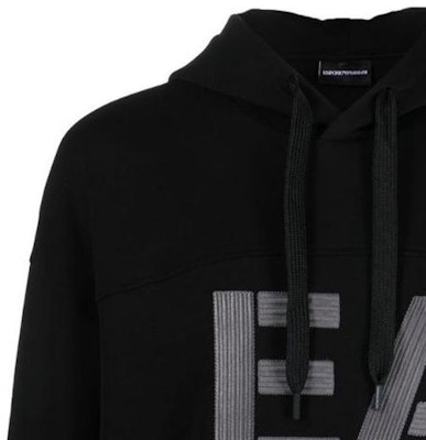 Emporio Armani FW22 Black Embroidered Logo Drawstring Hoodie. 6L1MB1-1JHSZ-0999 Details for Emporio Armani FW22 Black Embroidered Logo Drawstring Hoodie. 6L1MB1-1JHSZ-0999