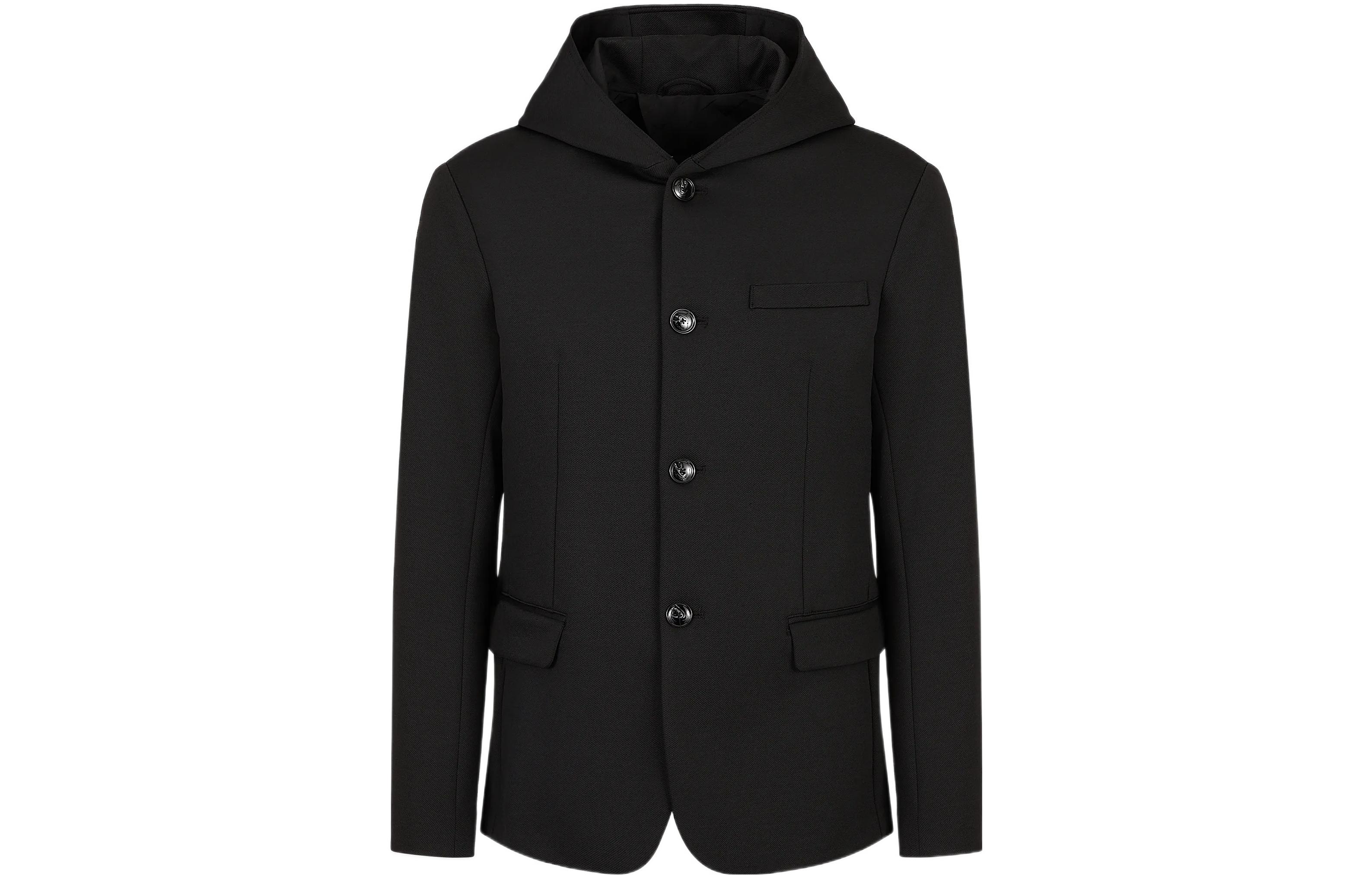 Emporio Armani FW22  Black Hooded Jacket Coat with Single-Breast Design. 6L1GN6-1JJYZ-0999