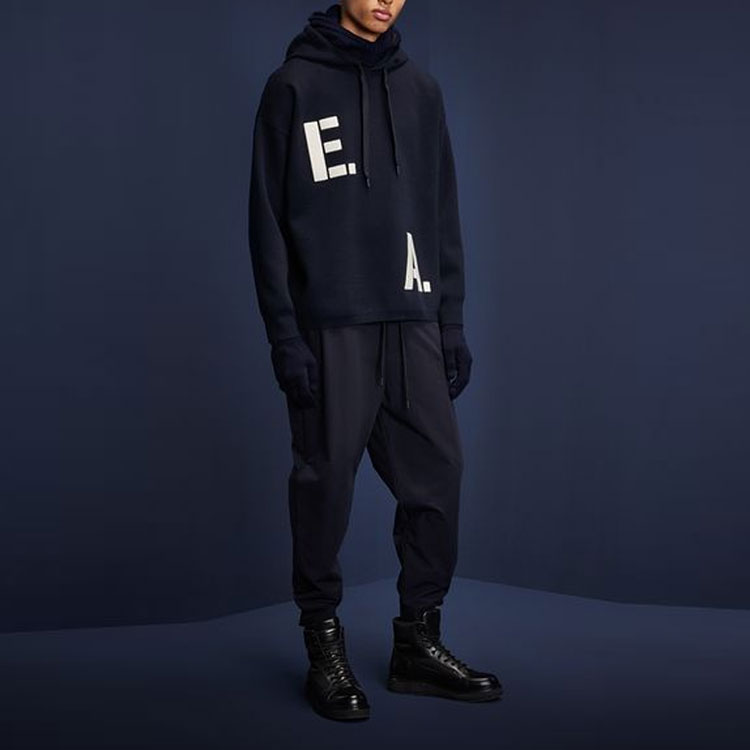 Lookbook EMPORIO ARMANI FW22  Blue Letter Print Knit Pullover Hoodie. 6L1MXS1-MBWZ1-0920