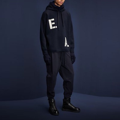 EMPORIO ARMANI FW22 Blue Letter Print Knit Pullover Hoodie. 6L1MXS1-MBWZ1-0920 Lookbook EMPORIO ARMANI FW22 Blue Letter Print Knit Pullover Hoodie. 6L1MXS1-MBWZ1-0920