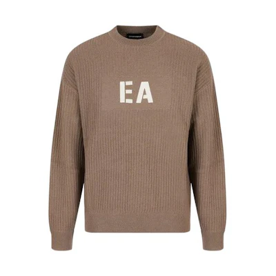 Emporio Armani FW22 Brown Knit Wool Sweater with Embroidered Logo Design. 6L1MXK1-MBQZ1-F409