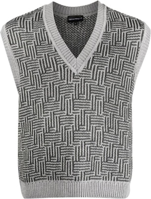 EMPORIO ARMANI FW22 Geometric Knit Vest in Charcoal Gray. 6L1MW6-1M30Z-F640 Buy EMPORIO ARMANI FW22 Geometric Knit Vest in Charcoal Gray. 6L1MW6-1M30Z-F640