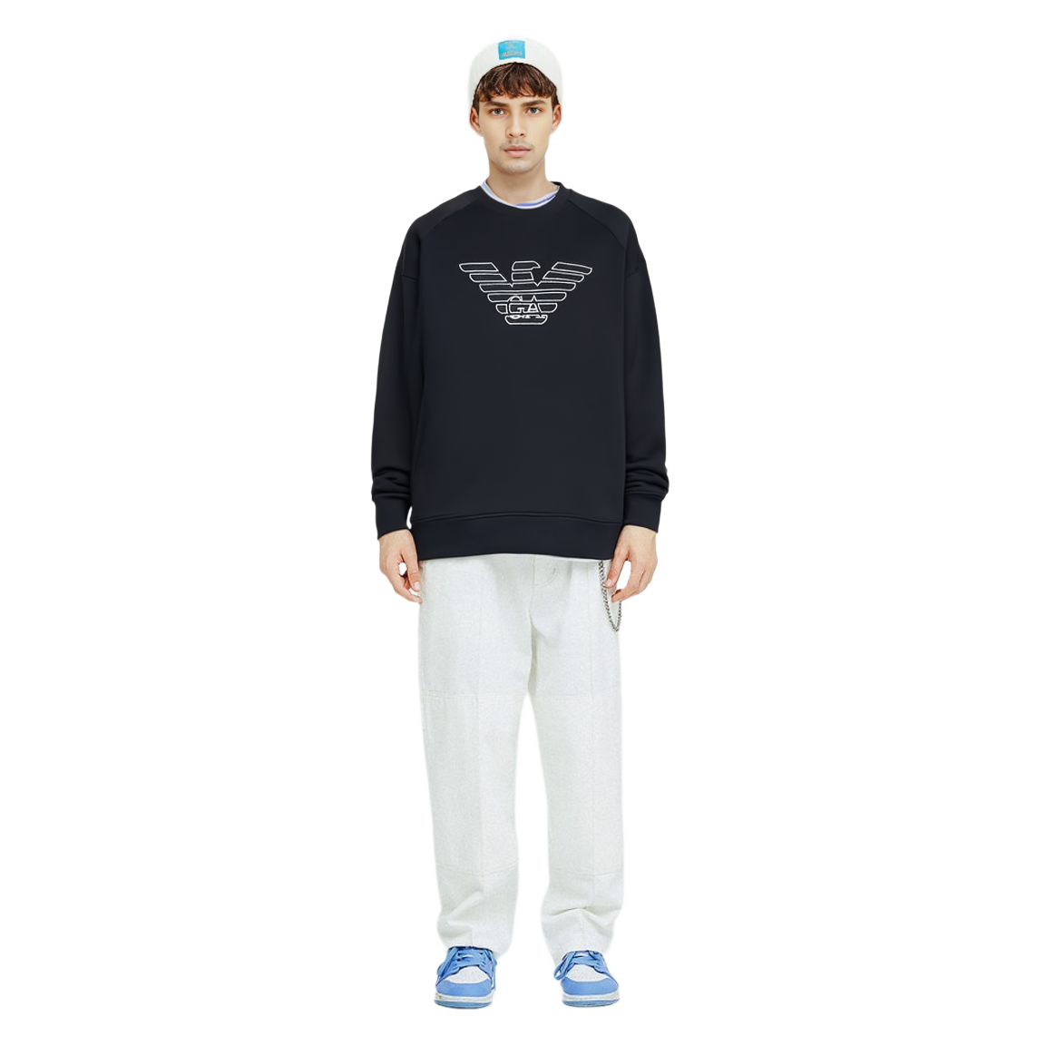 Lookbook Emporio Armani FW22 Logo Print Crewneck Pullover Sweatshirt Biru Navy 6L1ML81-JHSZ1-09G8