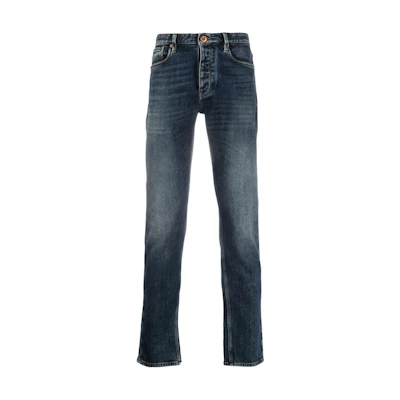 EMPORIO ARMANI FW22 Mid-Rise Straight-Leg Washed Denim Jeans Indigo. 6L1J75-1DS5Z-0942