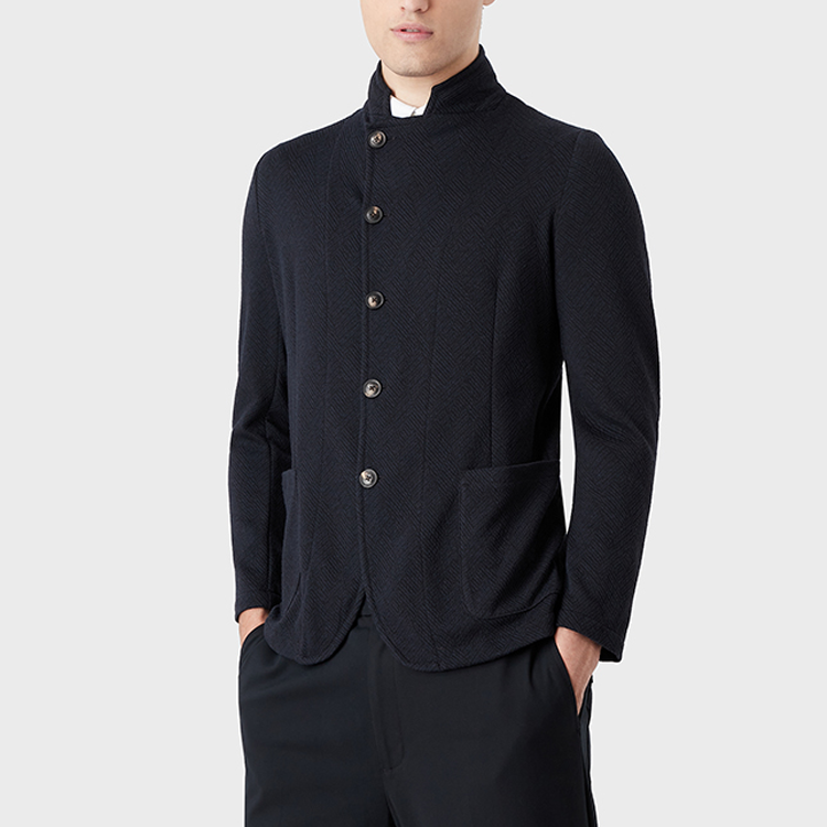 Shop 엠포리오 아르마니 FW22 네이비 솔리드 스탠드 칼라 싱글 브레스티드 재킷 H31G57-C1058-920