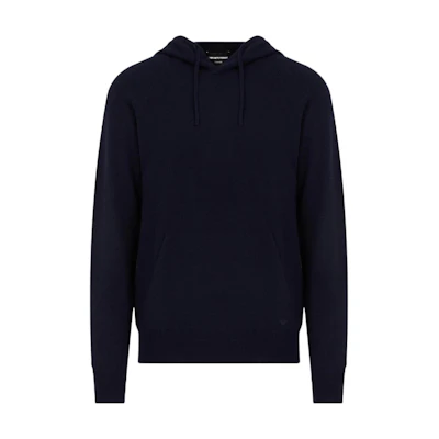EMPORIO ARMANI FW22 Solid Navy Blue Cashmere Knit Hoodie Sweater. 3K1MY91-MF8Z1-0922