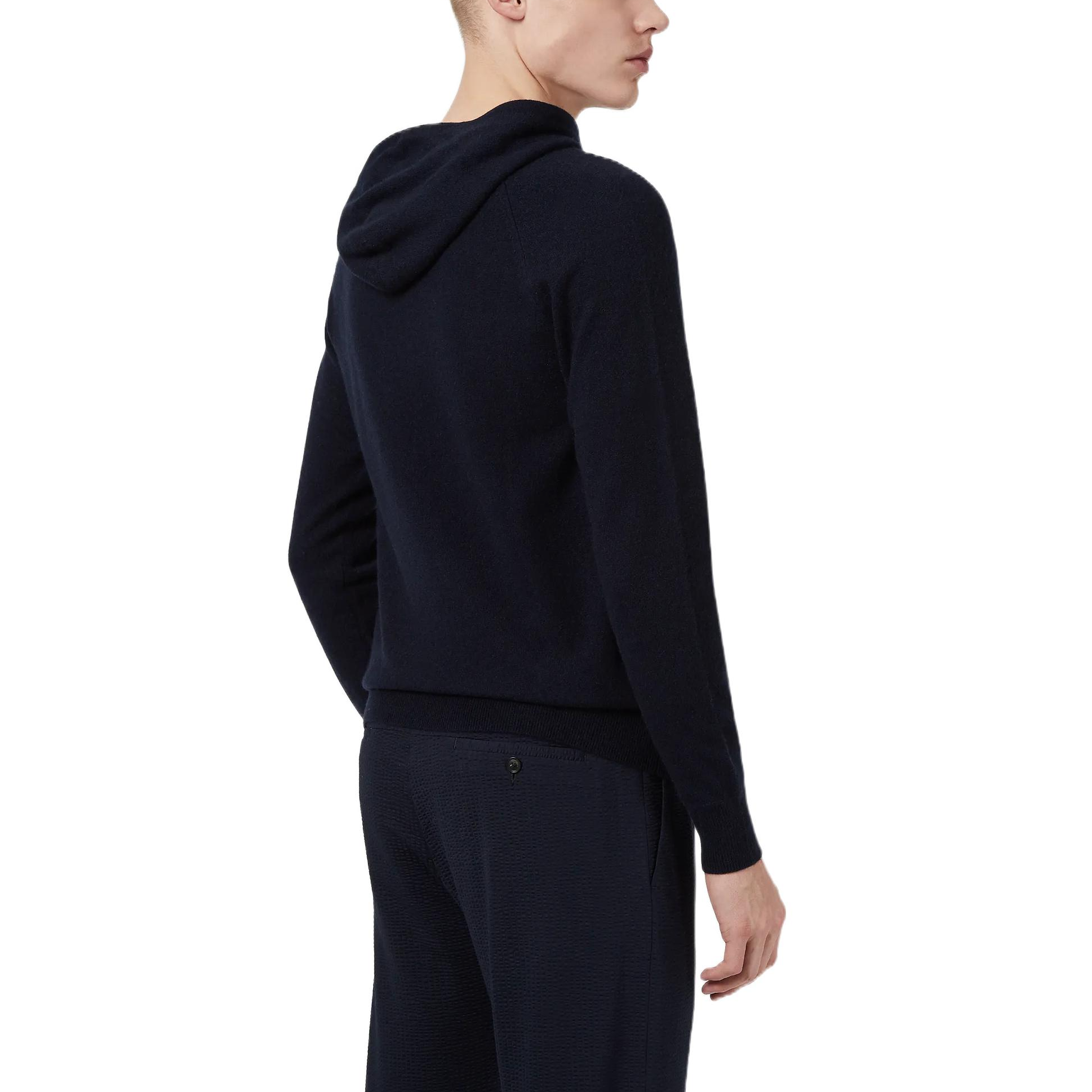 Shop EMPORIO ARMANI FW22  Solid Navy Blue Cashmere Knit Hoodie Sweater. 3K1MY91-MF8Z1-0922