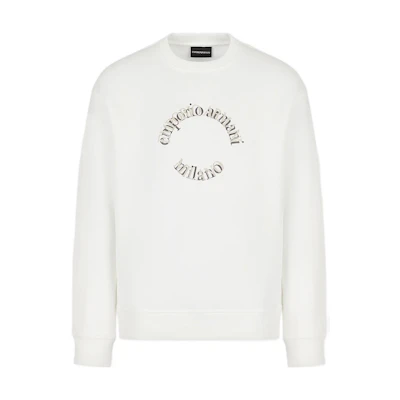 Emporio Armani FW22 White Crewneck Sweatshirt with Embroidered Logo. 6L1MC3-1JQNZ-01D4
