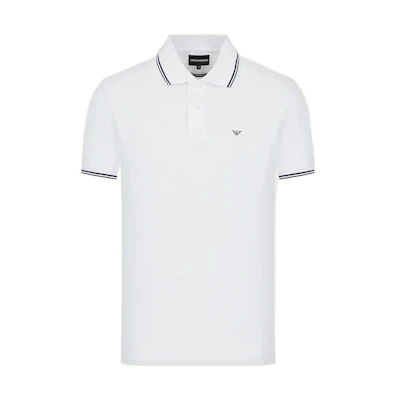 EMPORIO ARMANI FW22 White Polo Shirt with Contrast Stripes and Logo Print. 8N1FB4-JPTZ1-0100