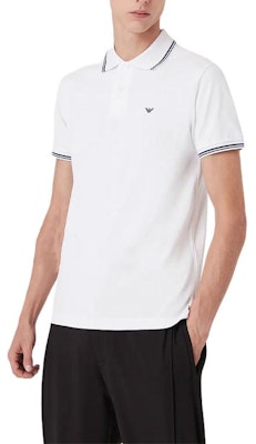 EMPORIO ARMANI FW22 White Polo Shirt with Contrast Stripes and Logo Print. 8N1FB4-JPTZ1-0100 Details for EMPORIO ARMANI FW22 White Polo Shirt with Contrast Stripes and Logo Print. 8N1FB4-JPTZ1-0100