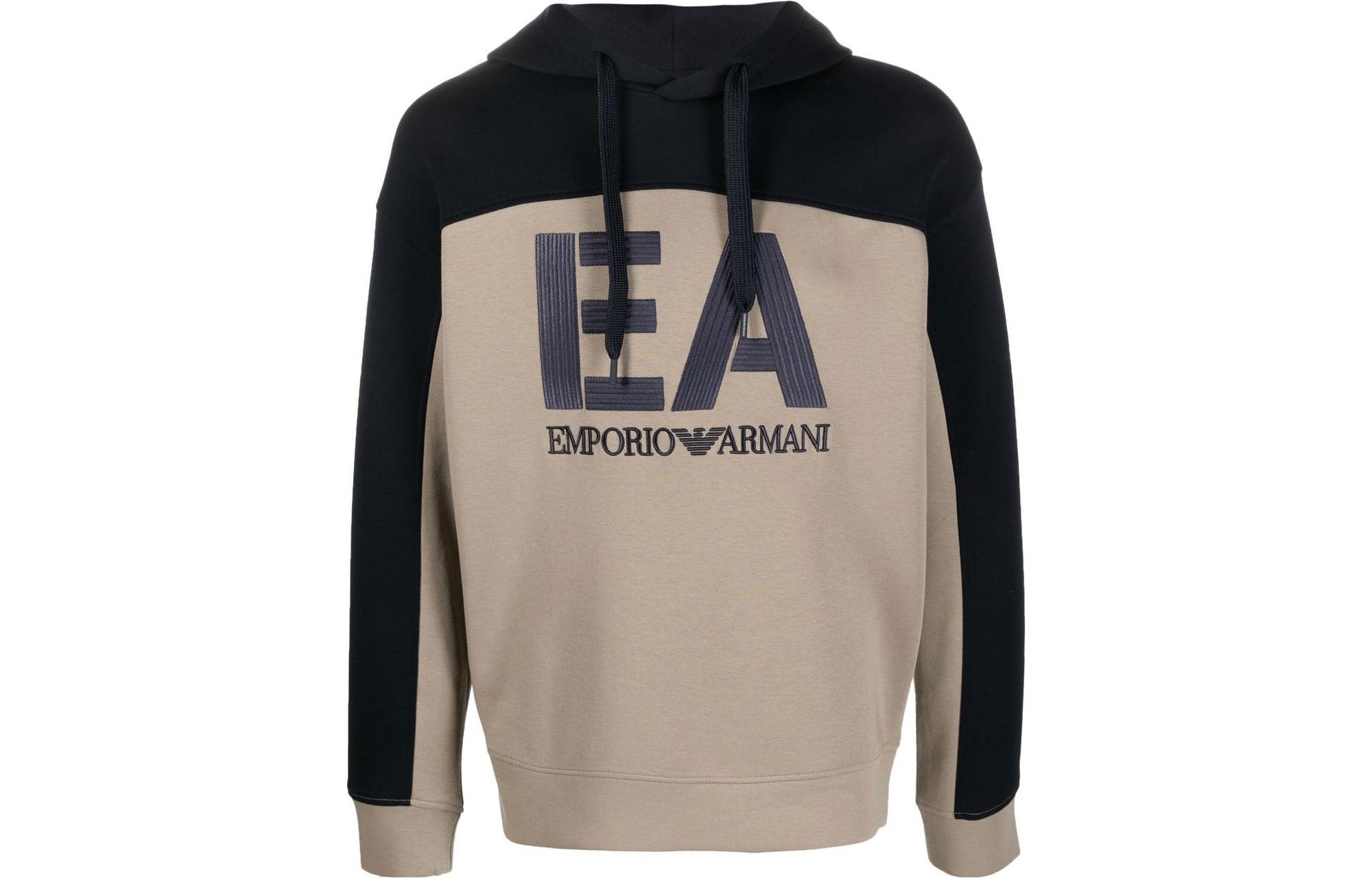Emporio Armani FW22 Beige Colorblock Logo Embroidered Hoodie 6L1MB1-1JHSZ-0137