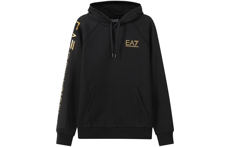Emporio Armani FW22 Black Gold Letter Print Fleece Hoodie Sweatshirt 8NPM08-PJ07Z-1203