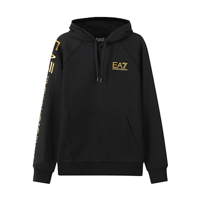Emporio Armani FW22 Black Gold Letter Print Fleece Hoodie Sweatshirt 8NPM08-PJ07Z-1203