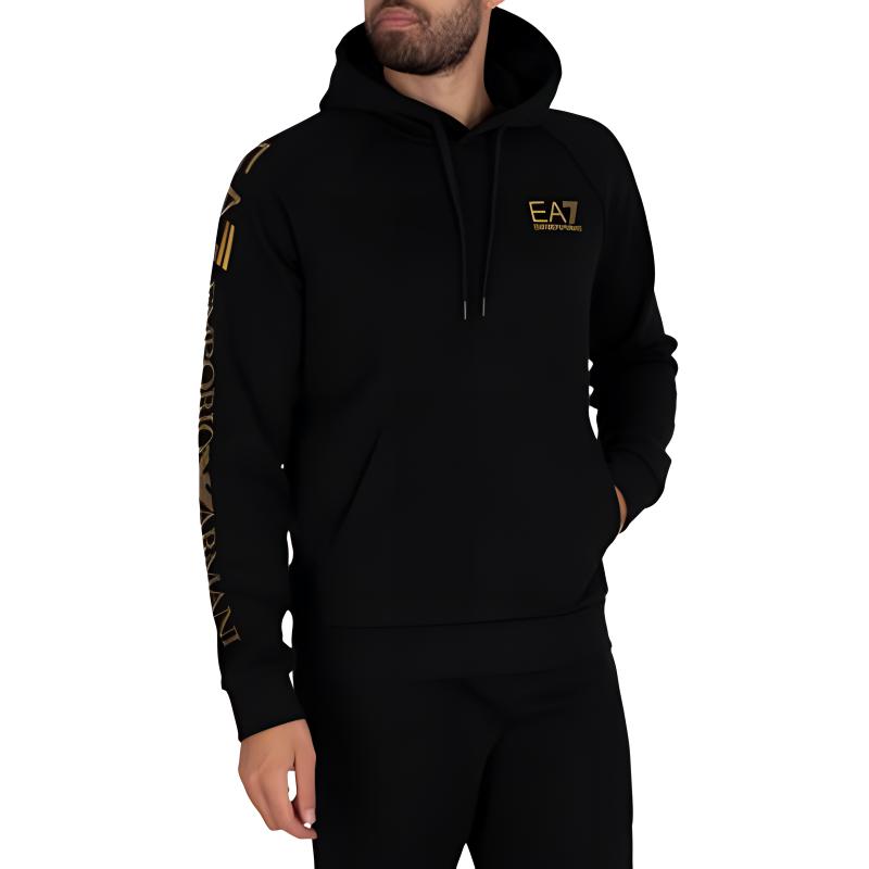 Shop エンポリオアルマーニ FW22 ブラックゴールドロゴプリント フリースフーディ 8NPM08-PJ07Z-1203