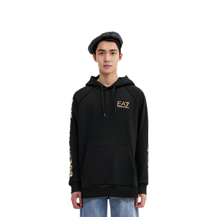 Purchase エンポリオアルマーニ FW22 ブラックゴールドロゴプリント フリースフーディ 8NPM08-PJ07Z-1203