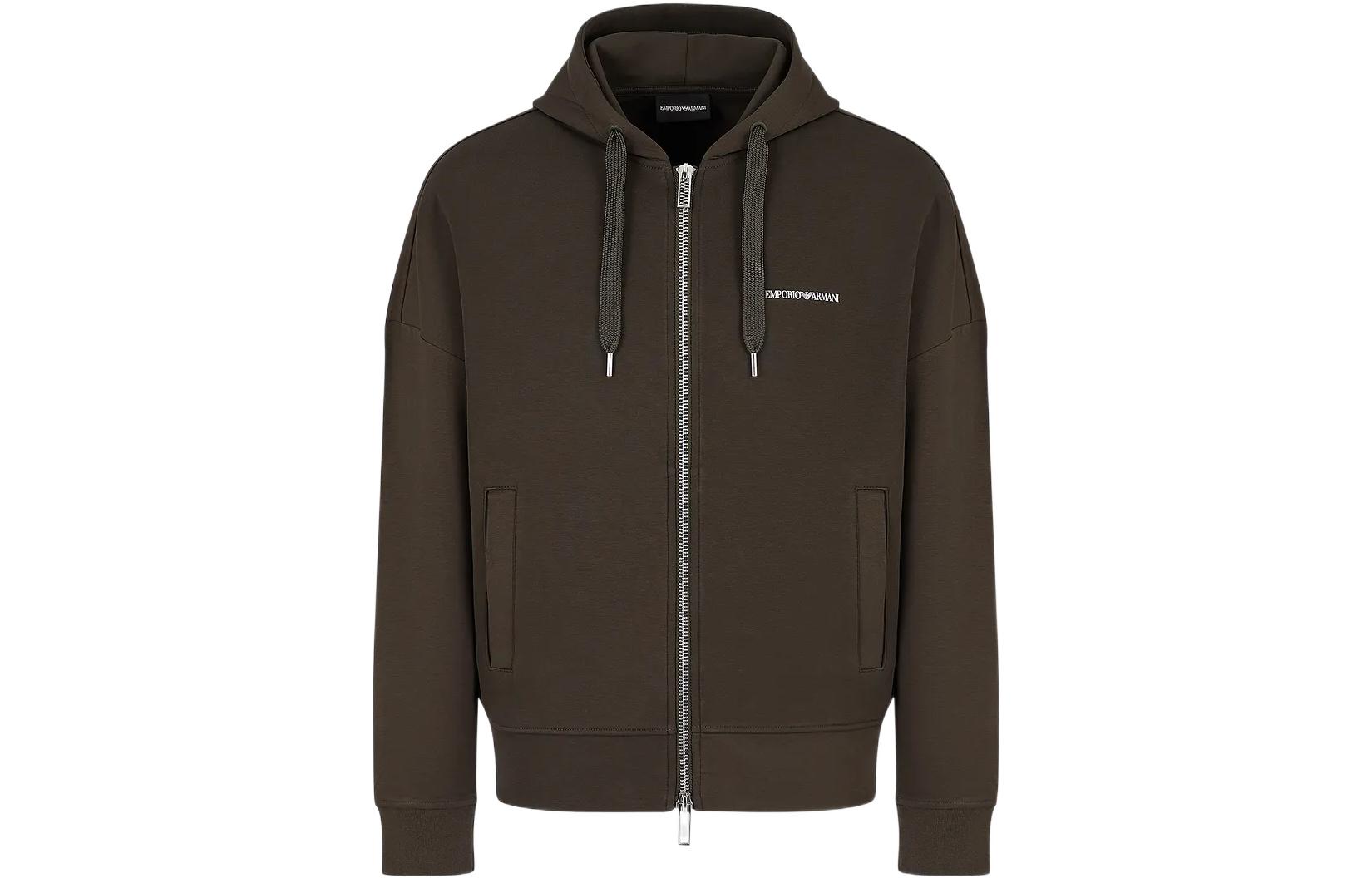 Emporio Armani FW22 Brown Logo Print Zip-Up Hoodie Jacket 6L1MB41-JHSZ1-0558