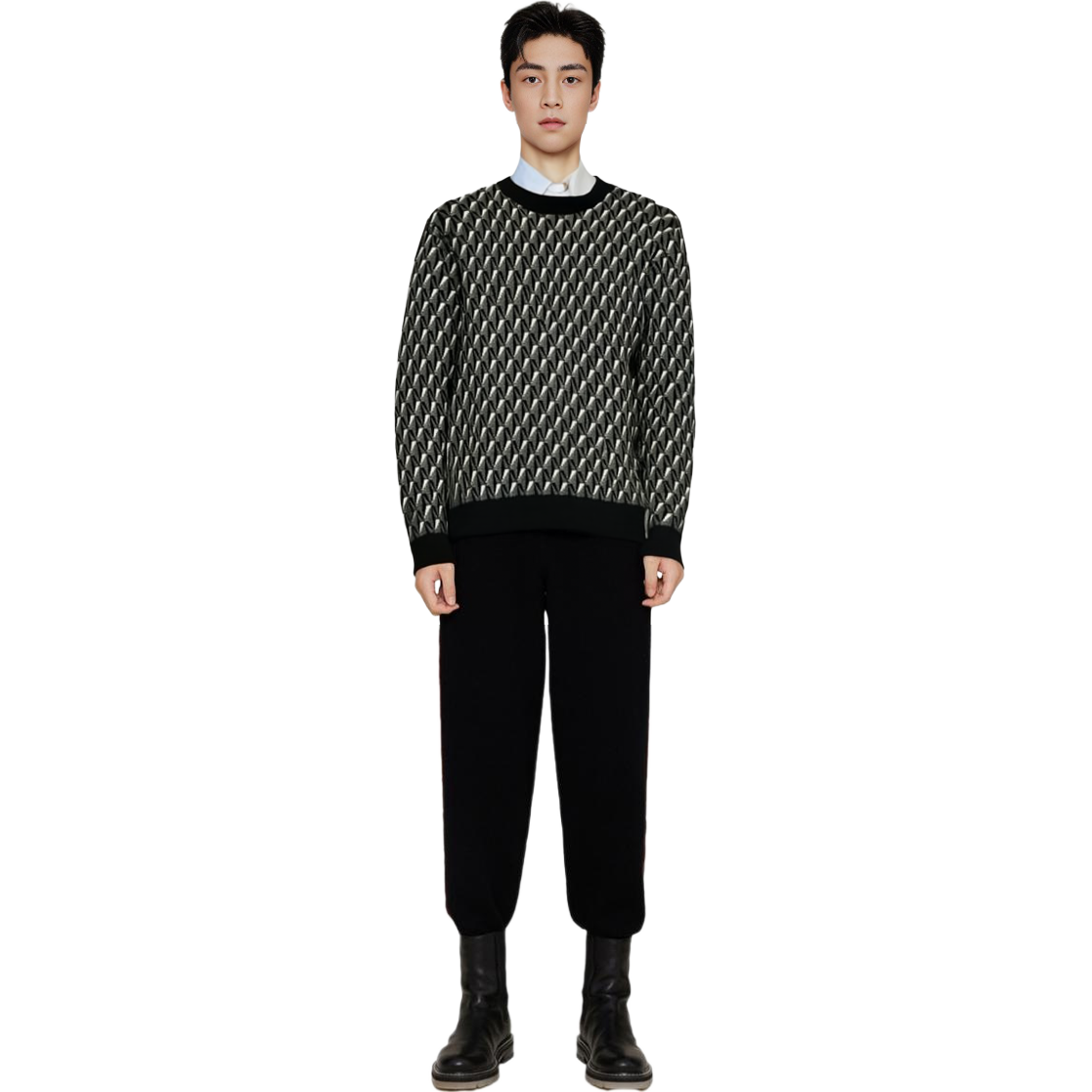 Lookbook Emporio Armani FW22 Geometric Knit Crewneck Sweater Black  Fashion 6L1MXX1-MCQZ1-F633
