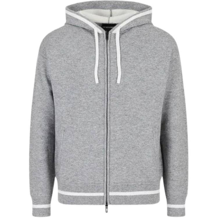 Emporio Armani FW22 Gray Zip-Up Hoodie Jacket with Striped Trim 6L1MXD1-MJRZ1-0630