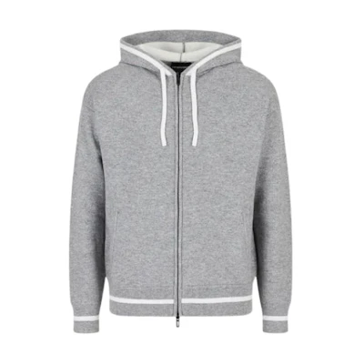 Emporio Armani FW22 Gray Zip-Up Hoodie Jacket with Striped Trim 6L1MXD1-MJRZ1-0630