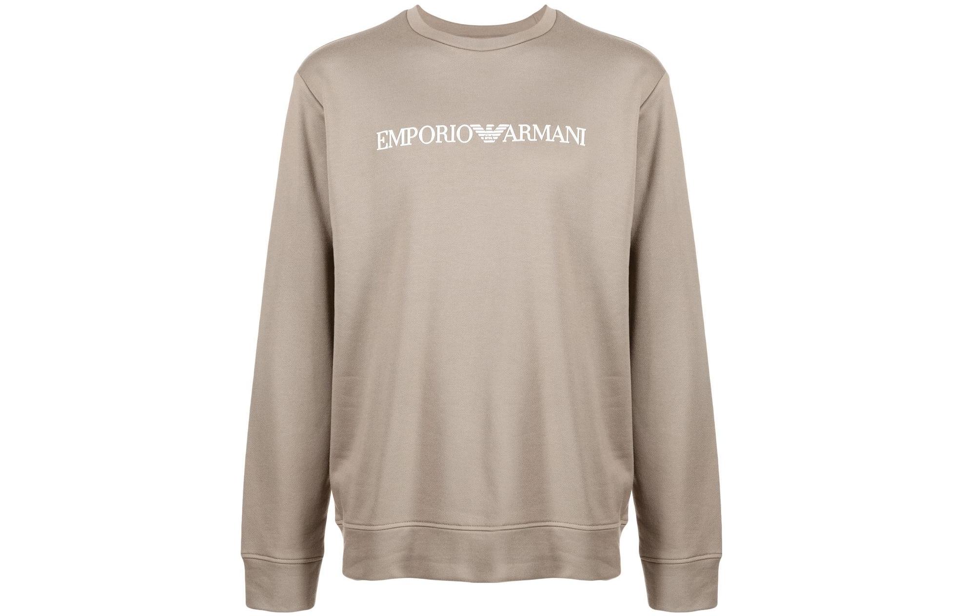 EMPORIO ARMANI FW22 Logo Print Crewneck Pullover Sweatshirt Brown For Men. 8N1MR6-1JRIZ-F176
