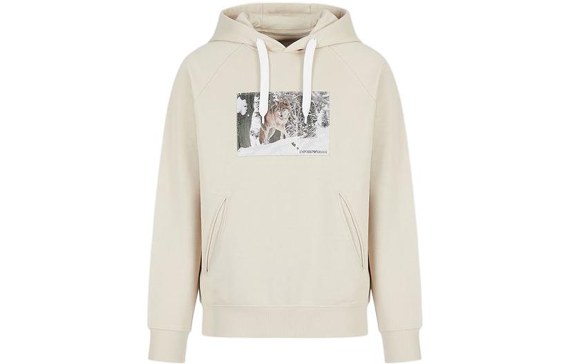 Emporio Armani FW22 Organic Cotton Hoodie Beige with Animal Patch Design 6L1M8B1-JSFZ1-0136