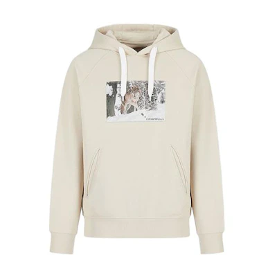 Emporio Armani FW22 Organic Cotton Hoodie Beige with Animal Patch Design 6L1M8B1-JSFZ1-0136