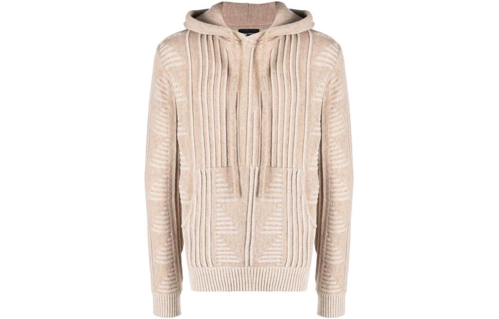 Emporio Armani FW22 Ribbed Knit Beige Pullover Hoodie Men’s Long Sleeve 6L1MVB-1M10Z-01B7
