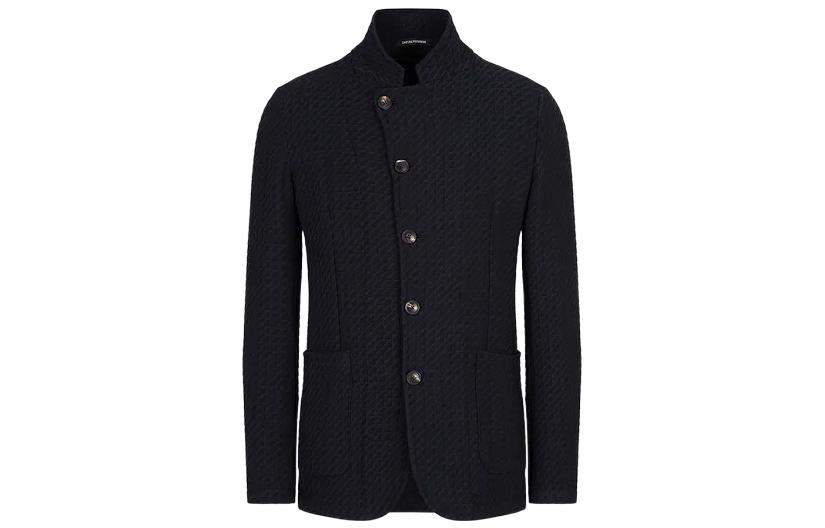 Emporio Armani FW22 Solid Patterned Stand Collar Jacket Navy Blue H31G57-C1203-1928