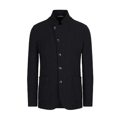 Emporio Armani FW22 Solid Patterned Stand Collar Jacket Navy Blue H31G57-C1203-1928