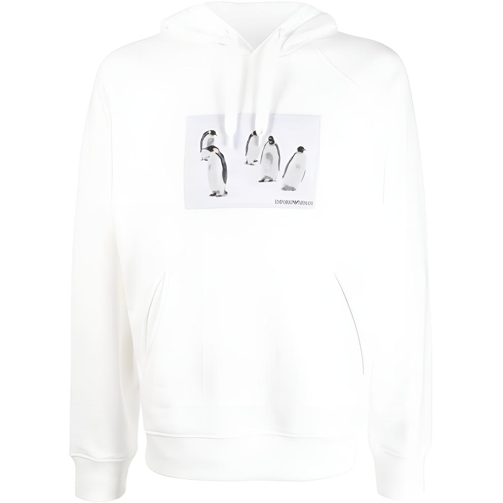 Emporio Armani FW22 White Hoodie with Penguin Print Design 1JSFZ6-L1M8B-0101