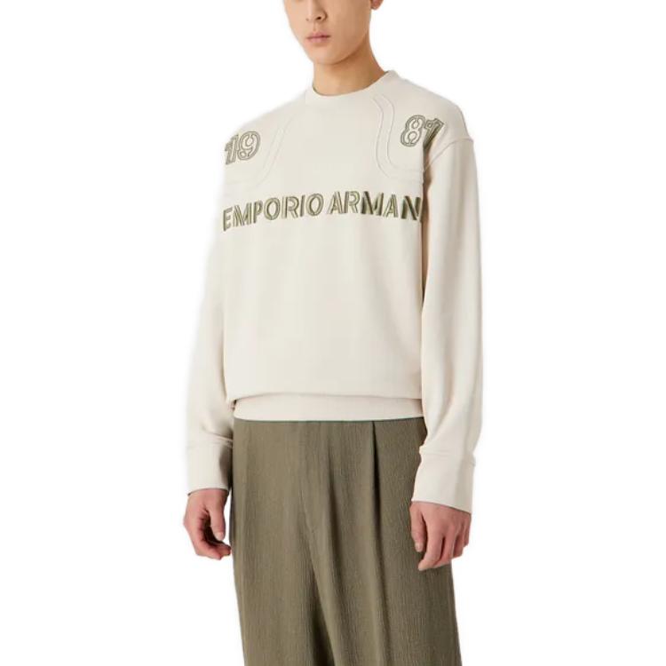Shop EMPORIO ARMANI FW23  Beige Crewneck Sweatshirt with Embroidered Logo. 6R1ME3-1JWPZ1-0304