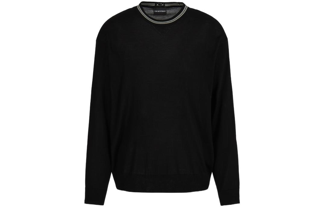 Emporio Armani FW23  Black Crewneck Knit Sweater with Striped Trim. 6R1MXG-1MNGZ-0999