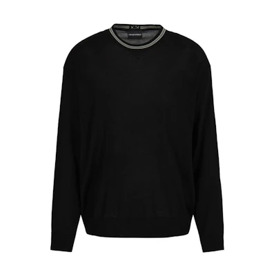 Emporio Armani FW23 Black Crewneck Knit Sweater with Striped Trim. 6R1MXG-1MNGZ-0999
