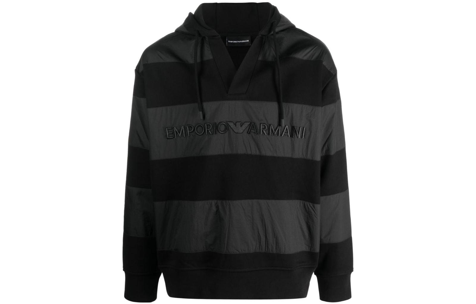 EMPORIO ARMANI FW23  Black Hoodie with Logo Embroidery and Patchwork Design. 6R1MCQ-1JLXZ-0999