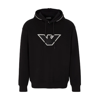 EMPORIO ARMANI FW23 Black Hoodie with Solid Color Logo Embroidery. 6R1ME5-1JHSZ-00A2