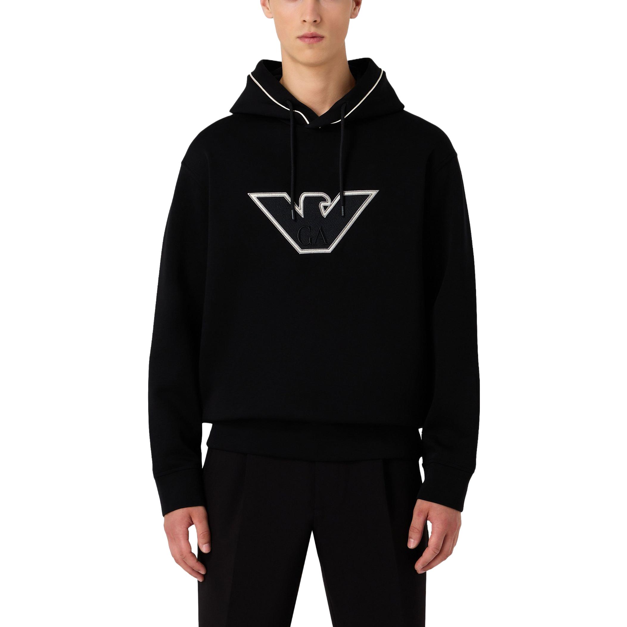 Shop EMPORIO ARMANI FW23  Black Hoodie with Solid Color Logo Embroidery. 6R1ME5-1JHSZ-00A2