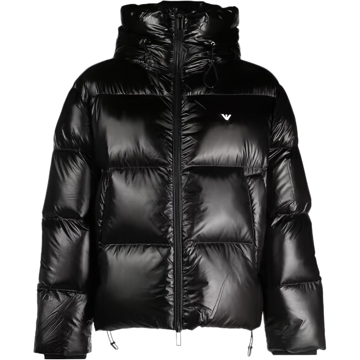 EMPORIO ARMANI FW23  Black Logo Slim-Fit Glossy Hooded Jacket. 6R1B97-1NKZZ-0999