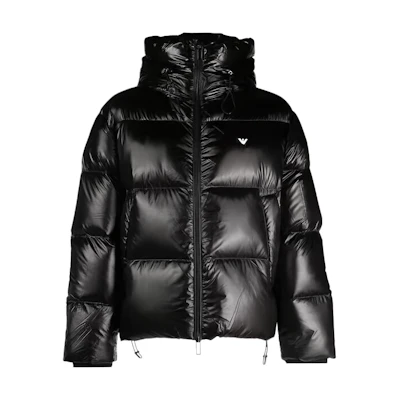 EMPORIO ARMANI FW23 Black Logo Slim-Fit Glossy Hooded Jacket. 6R1B97-1NKZZ-0999