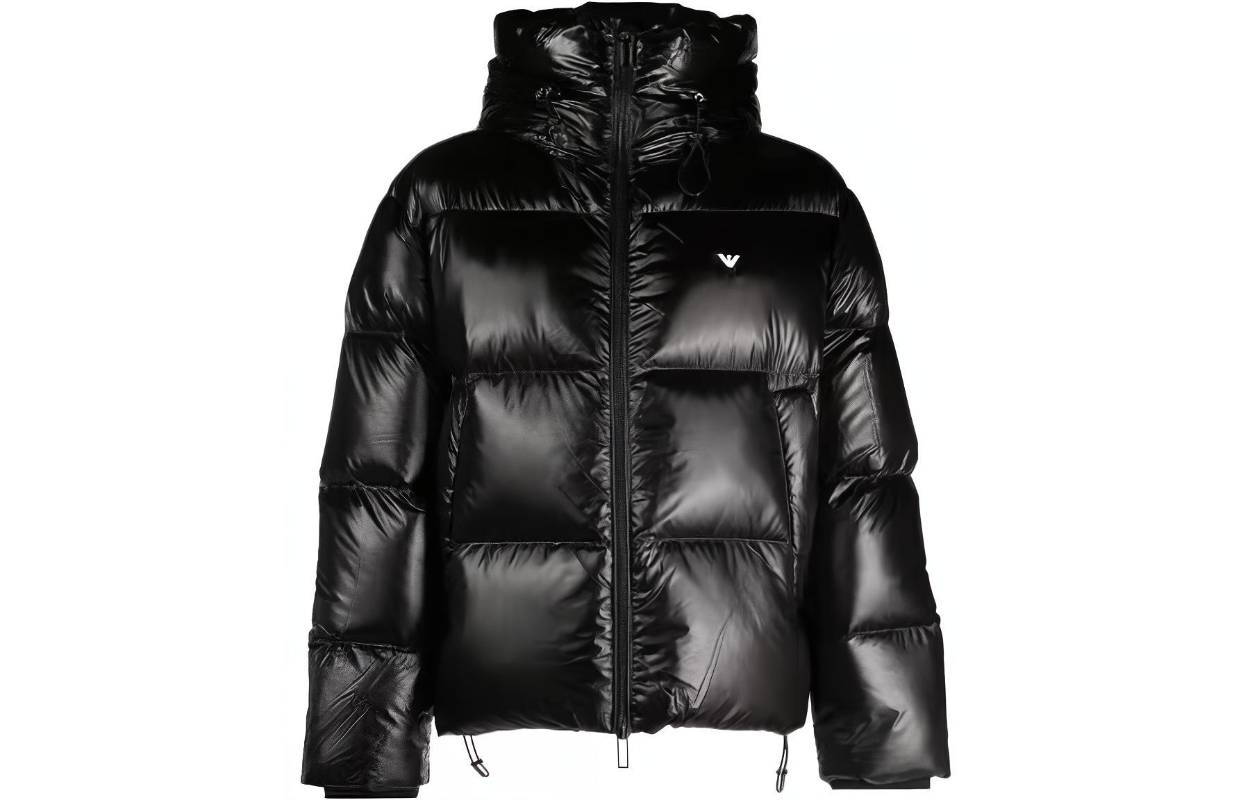 Order EMPORIO ARMANI FW23 Jaket Hitam Glossy Logo Slim-Fit Berkerudung. 6R1B97-1NKZZ-0999