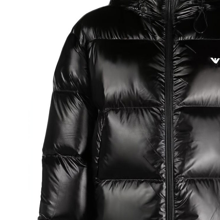 Cheap EMPORIO ARMANI FW23 Jaket Hitam Glossy Logo Slim-Fit Berkerudung. 6R1B97-1NKZZ-0999