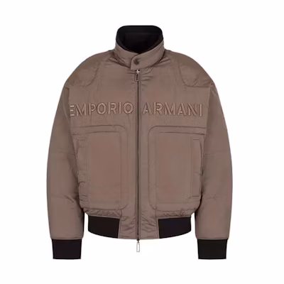 EMPORIO ARMANI FW23 Brown Loose-Fit Letter Stand Collar Cotton Jacket. 6R1B751-NFEZ1-0440