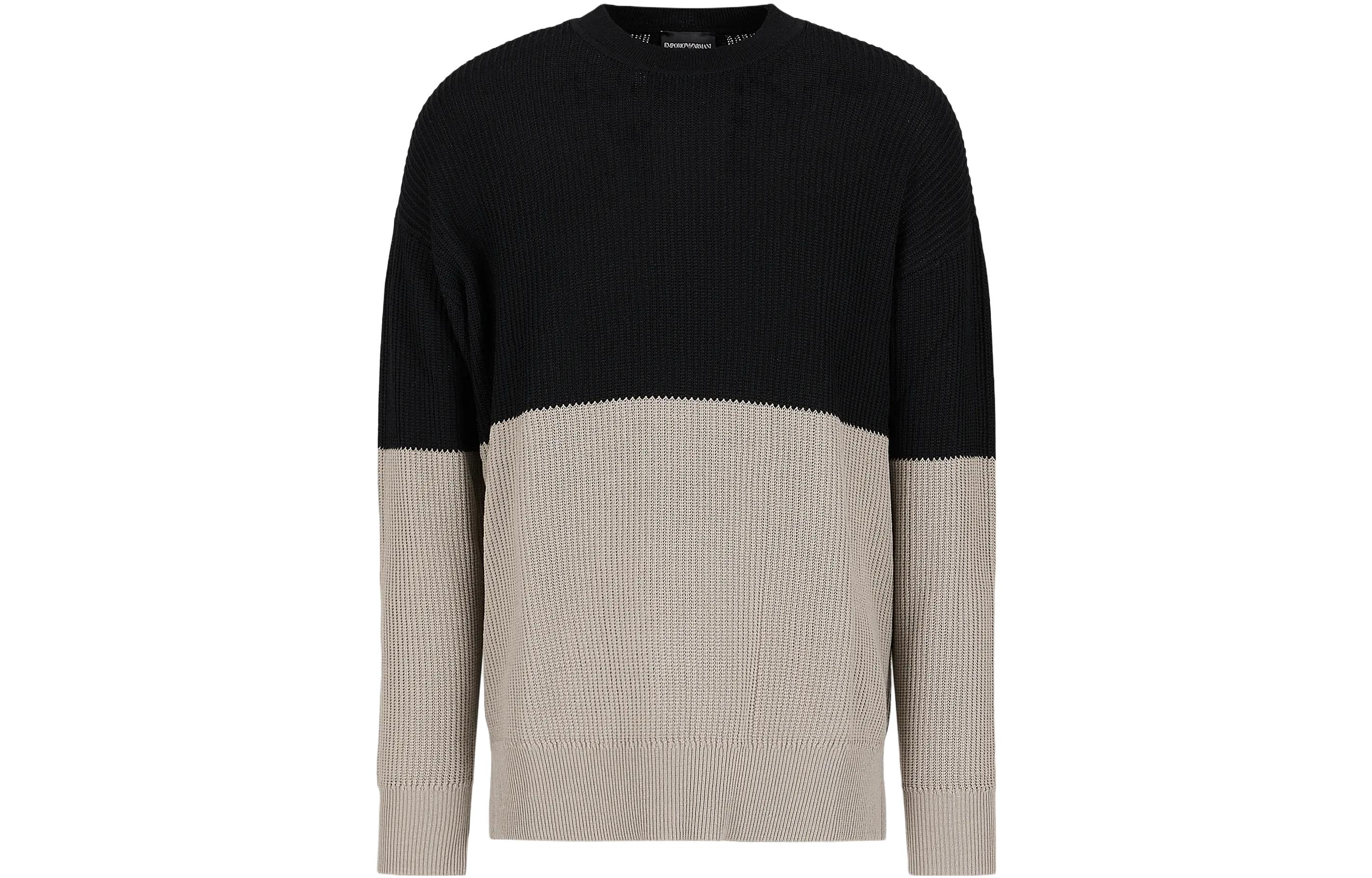 EMPORIO ARMANI FW23  Knit Sweater Black Beige Colorblock Crewneck Casual. 6R1MX2-1MAXZ-F010