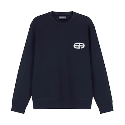 EMPORIO ARMANI FW23 Navy Blue Logo Crewneck Pullover Sweatshirt. 8N1ML7-1JHSZ-0920