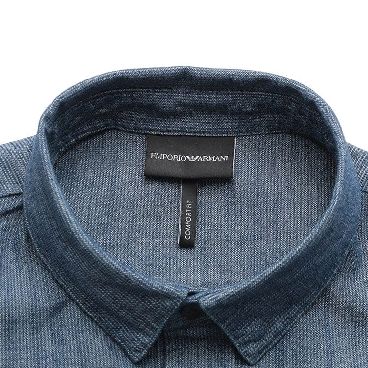 Shop EMPORIO ARMANI FW23 Kemeja Lengan Pendek Warna Biru Solid 6R1CA6-1DRLZ-0941