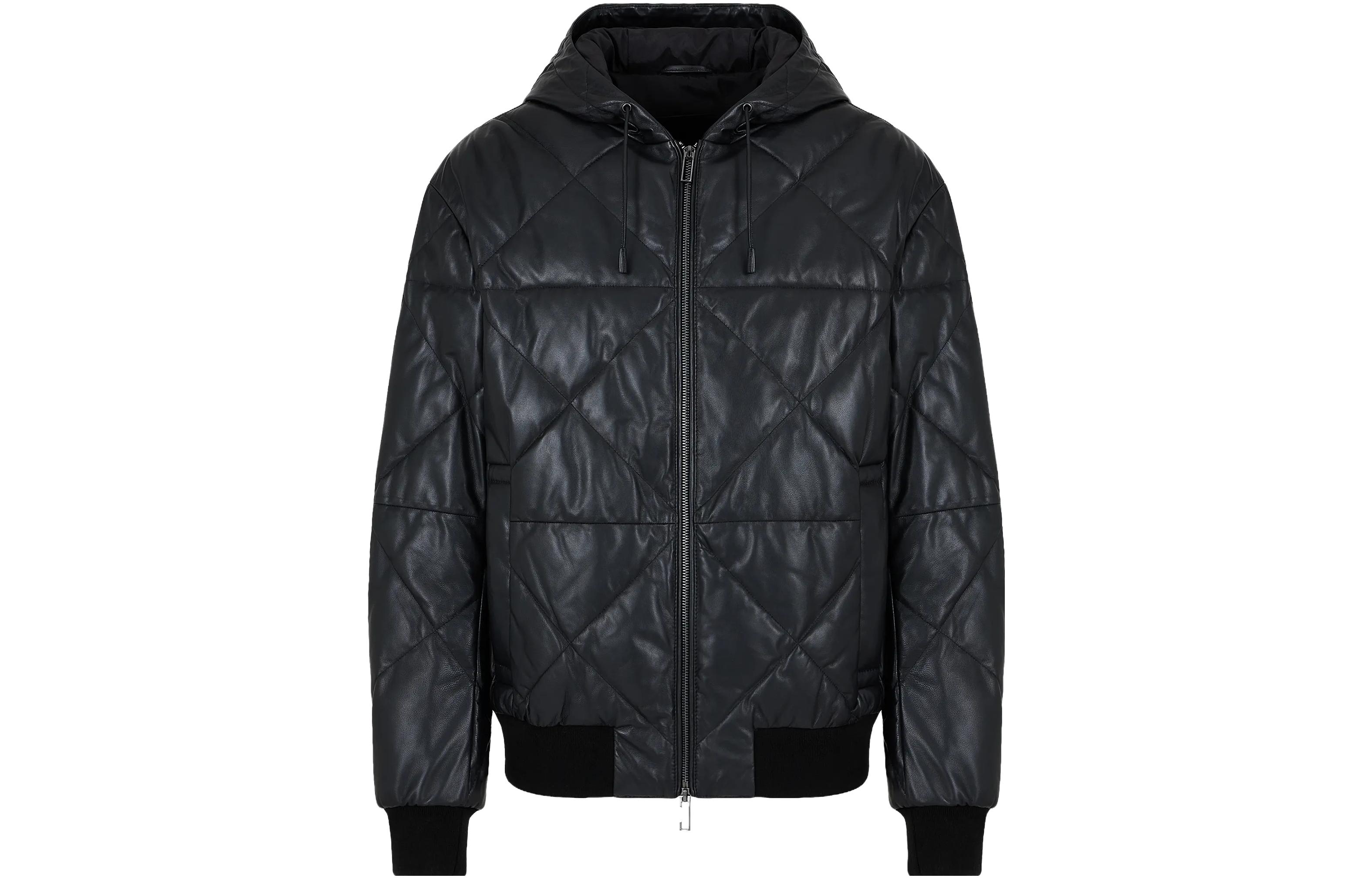 Emporio Armani FW23 Black Quilted Lambskin Hooded Leather Jacket H41R77-E1P77-1999