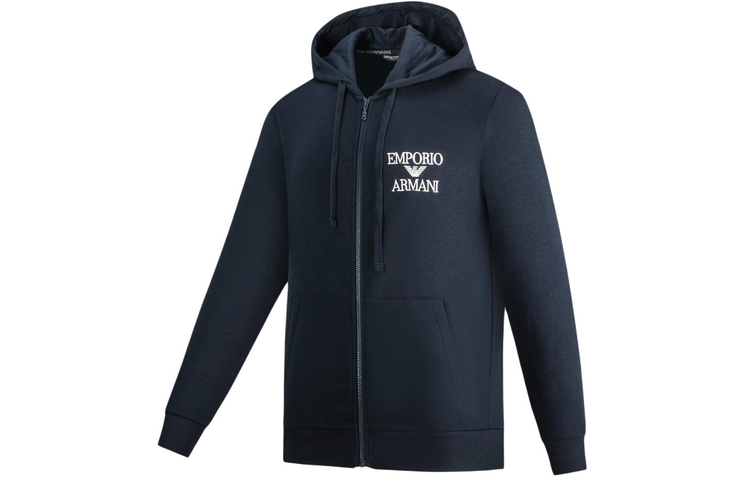 Shop Emporio Armani FW23 黑色拉鏈連帽衫帶標誌印花 111784-3F571-00020