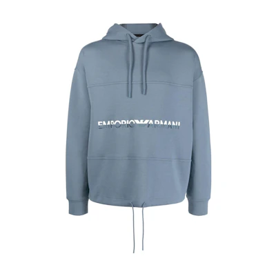 Emporio Armani FW23 Blue Logo Print Drawstring Hoodie 6R1MCM-1JHSZ-09B2