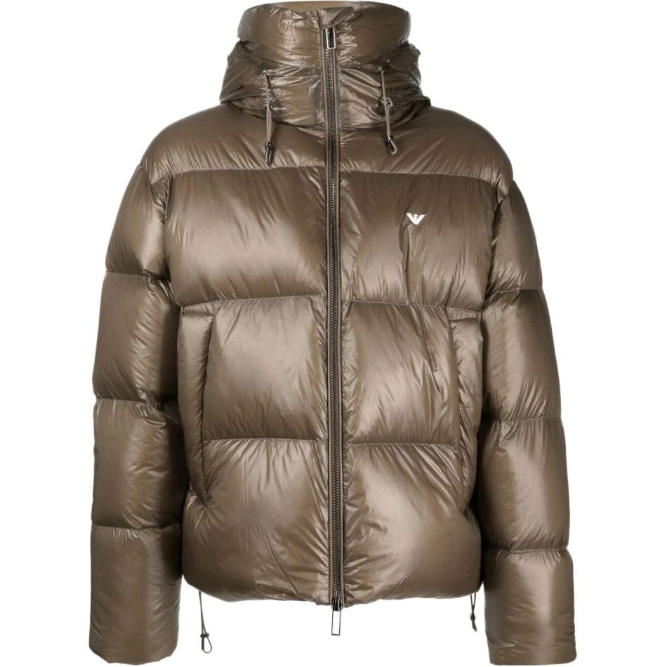 Emporio Armani FW23 Brown Hooded Zip-Up Down Jacket for Men 6R1B97-1NKZZ-0440